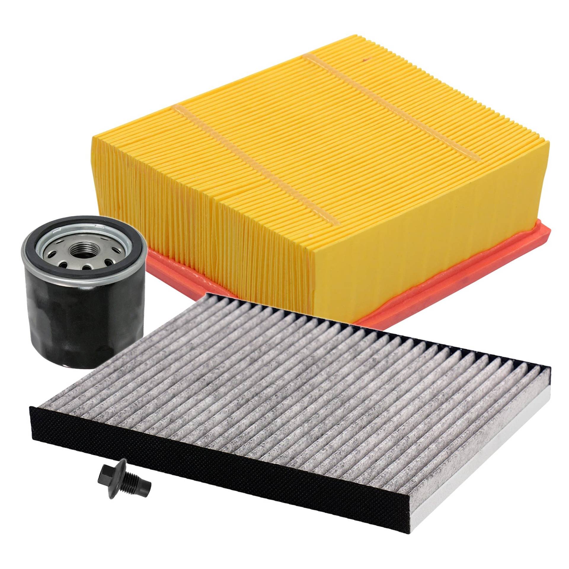 BESTPRICE Inspektionspaket Filterset mit 1x Ölfilter; 1x Luftfilter; 1x Innenraumfilter (Pollenfilter) mit Aktivkohle; 1x Ölablassschraube inkl. Dichtring von ENVA MADE FOR QUALITY