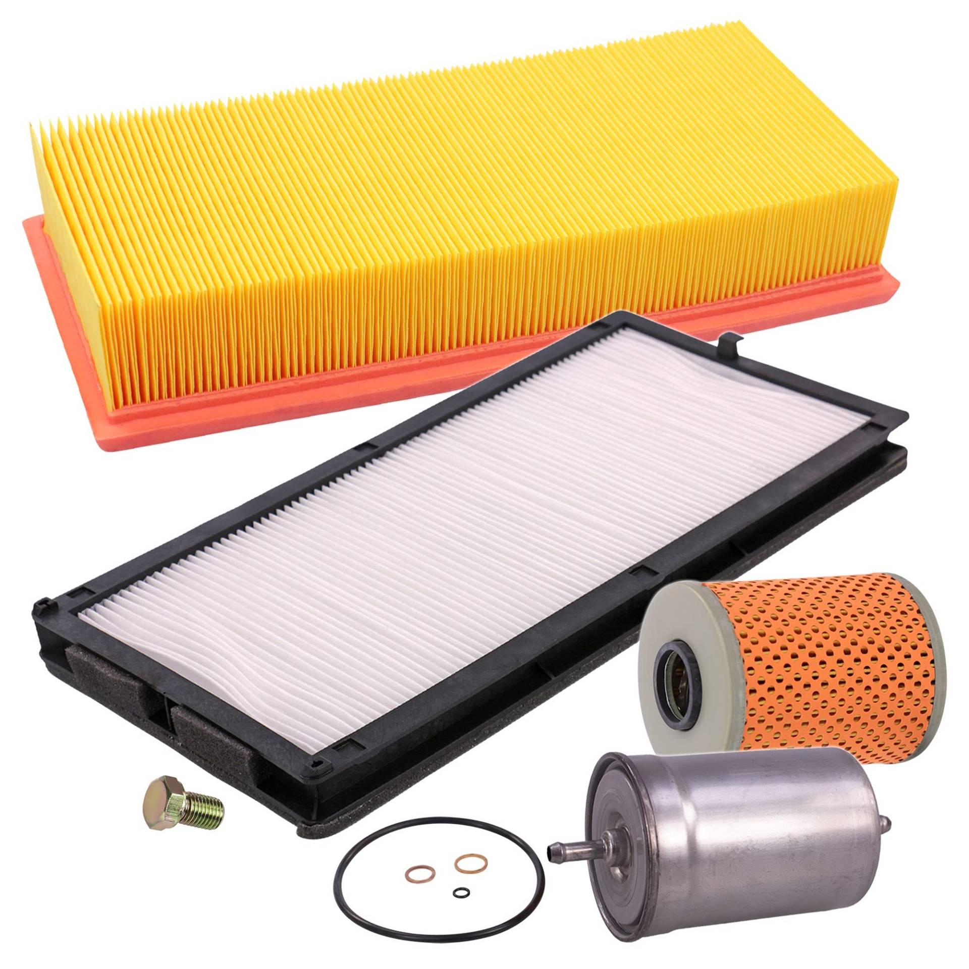 BESTPRICE Inspektionspaket Filterset mit 1x Ölfilter, 1x Luftfilter, 1x Innenraumfilter, 1x Kraftstofffilter, 1x Ölablassschraube mit Dichtung, Kompatibel mit BMW 5er (E34), 5er Touring (E34) von ENVA MADE FOR QUALITY