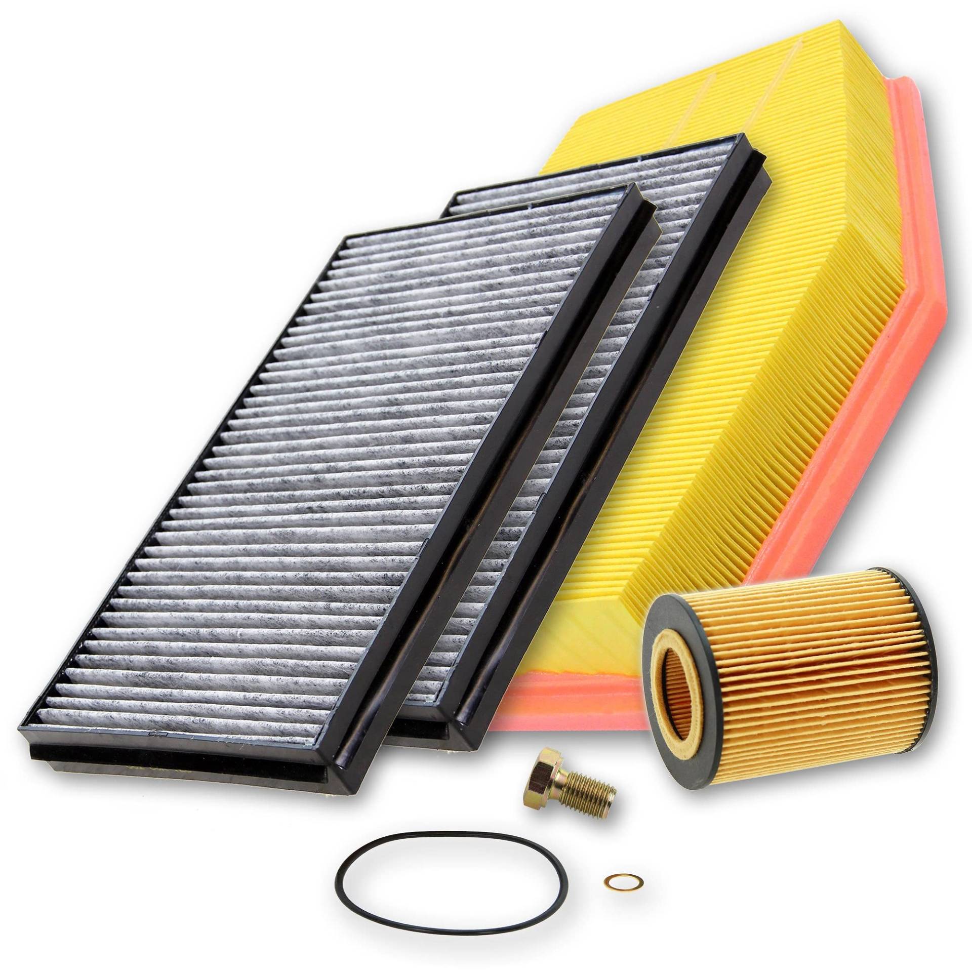 Inspektionspaket SET A 1x Ölfilter 1x Luftfilter 2x Innenraumfilter (Pollenfilter) mit Aktivkohle 1x Ölablass-Schraube 1x Dichtring für Ölablass-Schraube von ENVA MADE FOR QUALITY