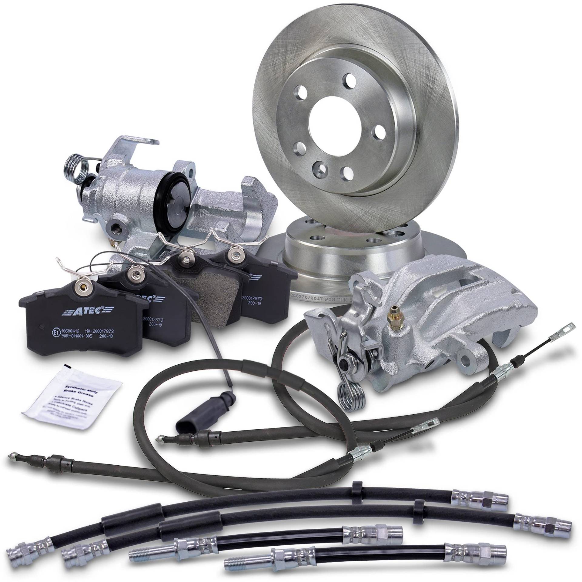 Bremsenset Hinterachse inkl. Bremsscheiben Ø 268 mm Voll + 2x Bremssattel und Bremsbeläge Hinten + Bremsschläuche, Passend für FORD GALAXY I (WGR); SEAT ALHAMBRA (7V8, 7V9); VW SHARAN (7M) von ATEC Germany