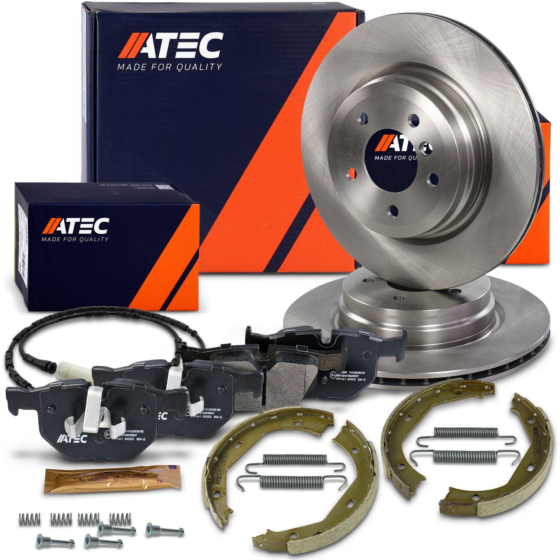 ATEC Germany Bremsenset Hinterachse inkl. Bremsscheiben Ø 336 mm Belüftet + Bremsbeläge Hinten + Bremsbacken Kompatibel mit BMW 3er (E90), 3er Cabriolet (E93), 3er Coupe (E92), 3er Touring (E91) von ATEC Germany