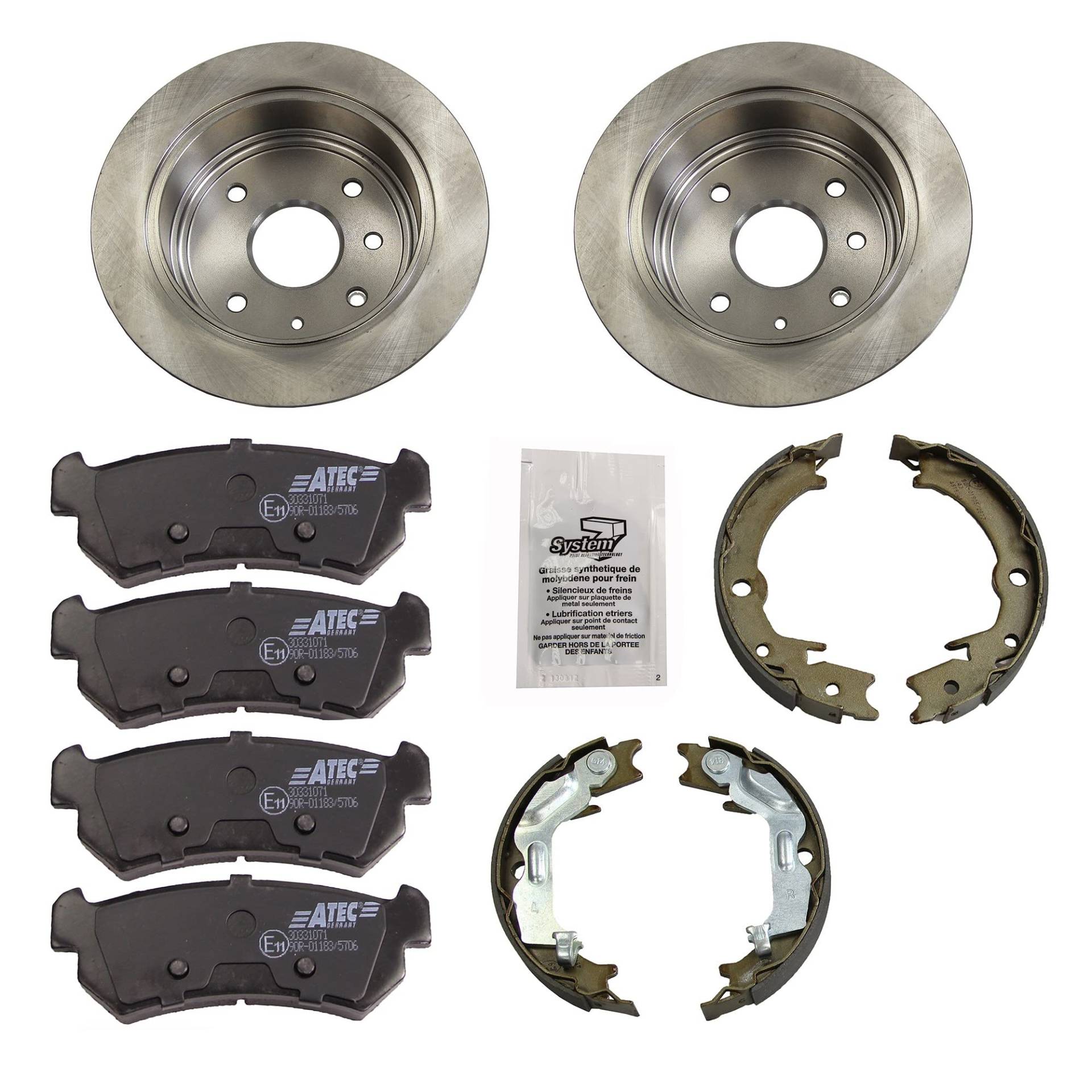 Bremsenset Hinterachse inkl. Bremsscheiben Ø 258 mm Voll + Bremsbeläge Hinten + Bremsbacken Kompatibel mit CHEVROLET LACETTI (J200), DAEWOO LACETTI Schrägheck (KLAN), NUBIRA (J200) von ATEC Germany