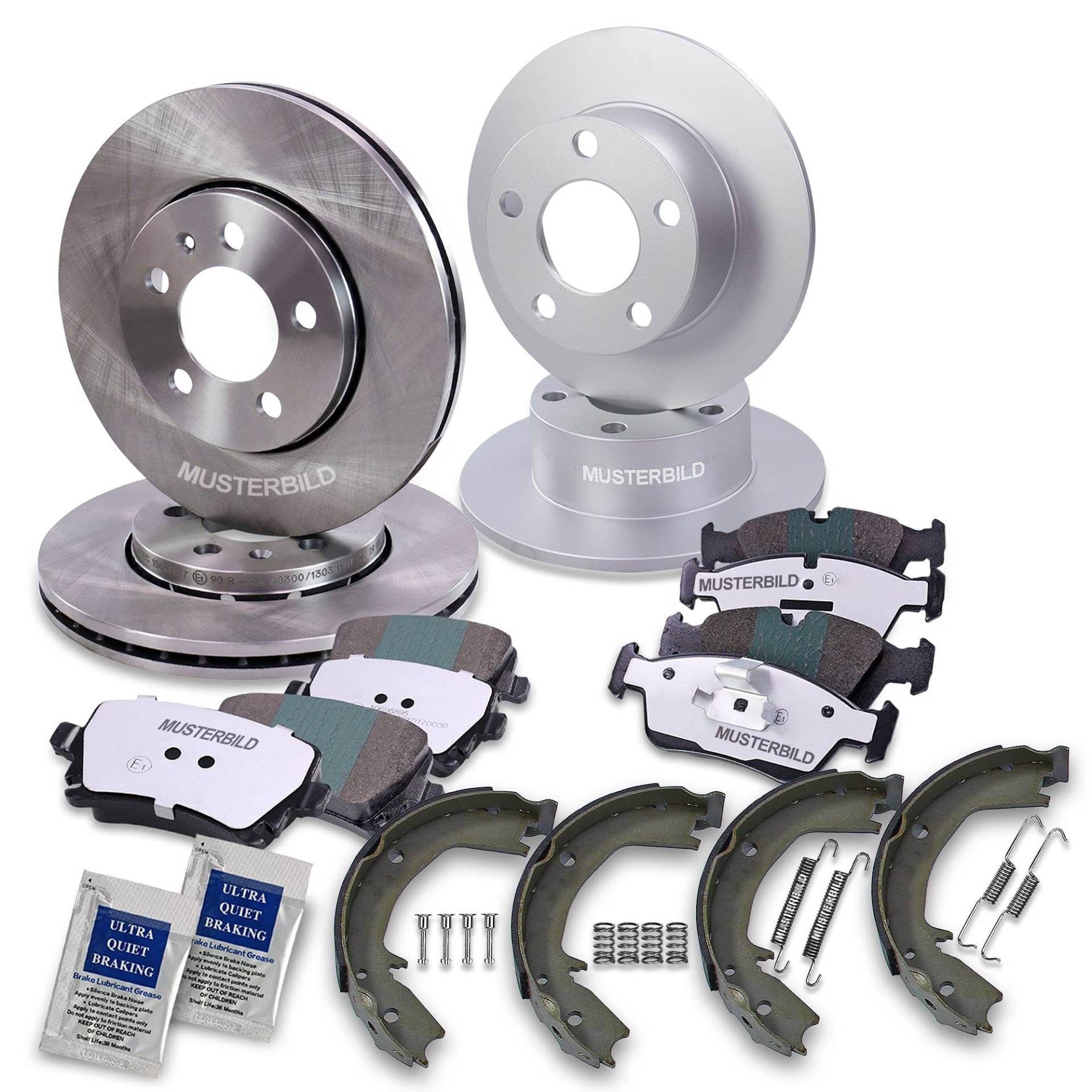 Bremsenset inkl. Bremsscheiben Vorne Ø 280 mm Belüftet + Hinten Ø 270 mm Voll + Bremsbeläge Vorne & Hinten + Bremsbacken Hinten Kompatibel mit CHRYSLER PT CRUISER (PT_), PT CRUISER Cabriolet von ATEC Germany