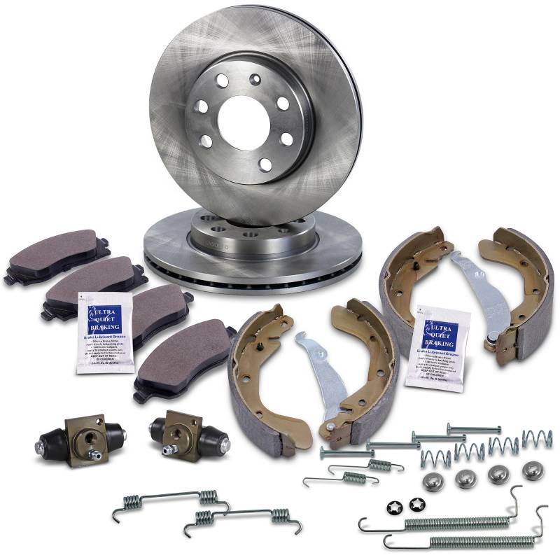 Bremsenset inkl. Bremsscheiben Vorne Ø 240 mm + Belüftet Bremsbeläge Vorne und Bremsbacken Hinten + Radbremszylinder, Passend für OPEL CORSA C (X01) von ATEC Germany