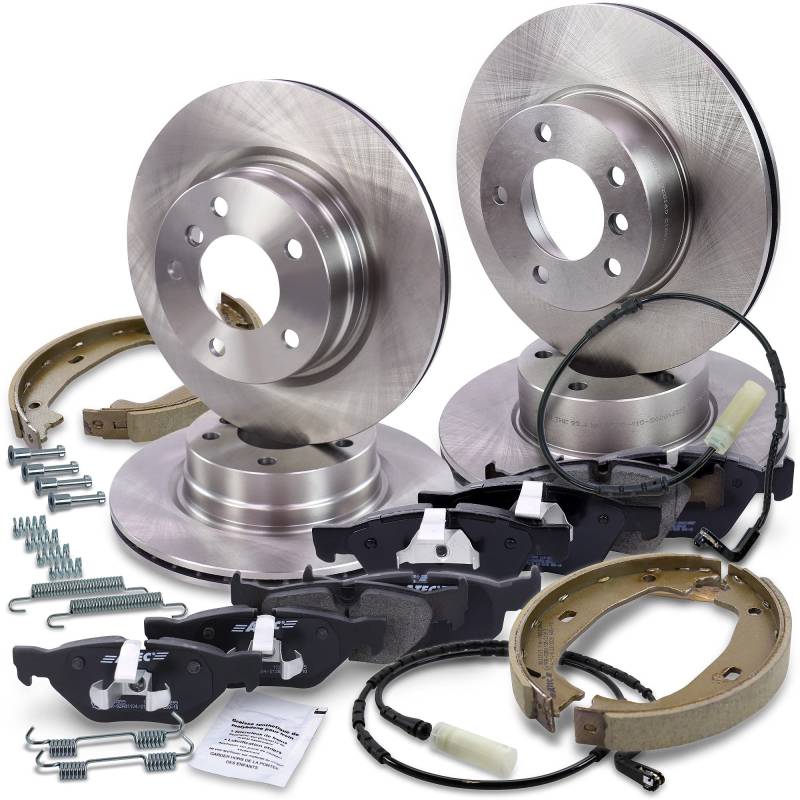 Bremsenset inkl. Bremsscheiben Vorne Ø 300 mm + Hinten Ø 161 mm + Bremsbeläge Vorne und Bremsbacken Hinten + Verschleißkontakt, Passend für BMW 3 (E90), 3 Cabrio (E93), 3 Coupe (E92) von ATEC Germany