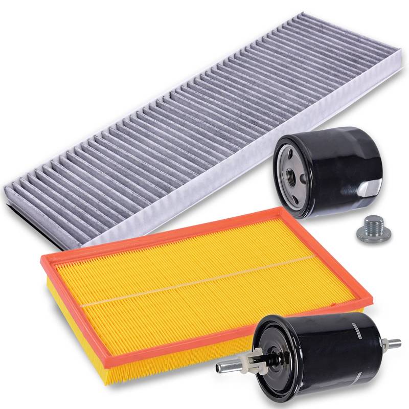BESTPRICE Inspektionspaket Filterset mit 1x Ölfilter, 1x Luftfilter, 1x Innenraumfilter (Pollenfilter) mit Aktivkohle, 1x Kraftstofffilter, 1x Ölablassschraube, Kompatibel mit OPEL VECTRA B (J96) von ENVA MADE FOR QUALITY