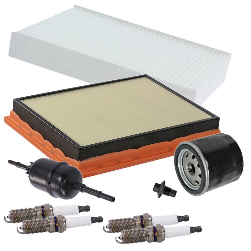 Inspektionspaket SET D 1x Ölfilter 1x Luftfilter 1x Innenraumfilter 1x Kraftstofffilter 4x Zündkerze 1x Ölablass-Schraube 1x Dichtring für Ölablass-Schraube von PGONA