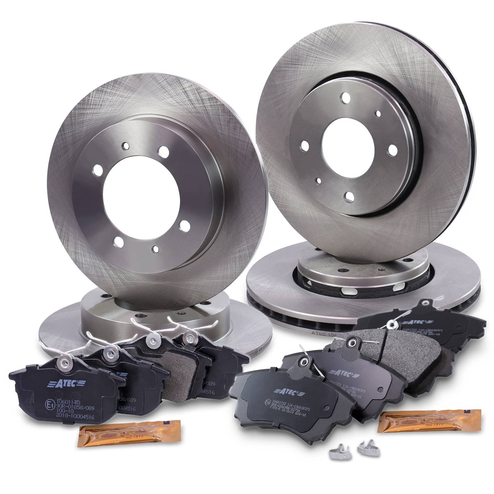 Bremsenset inkl. Bremsscheiben Vorne Ø 281 mm + Hinten Ø 260 mm + Bremsbeläge Vorne und Hinten, Passend für MITSUBISHI CARISMA (DA_), CARISMA Stufenheck (DA_); VOLVO S40 I (644), V40 Kombi (645) von ATEC Germany