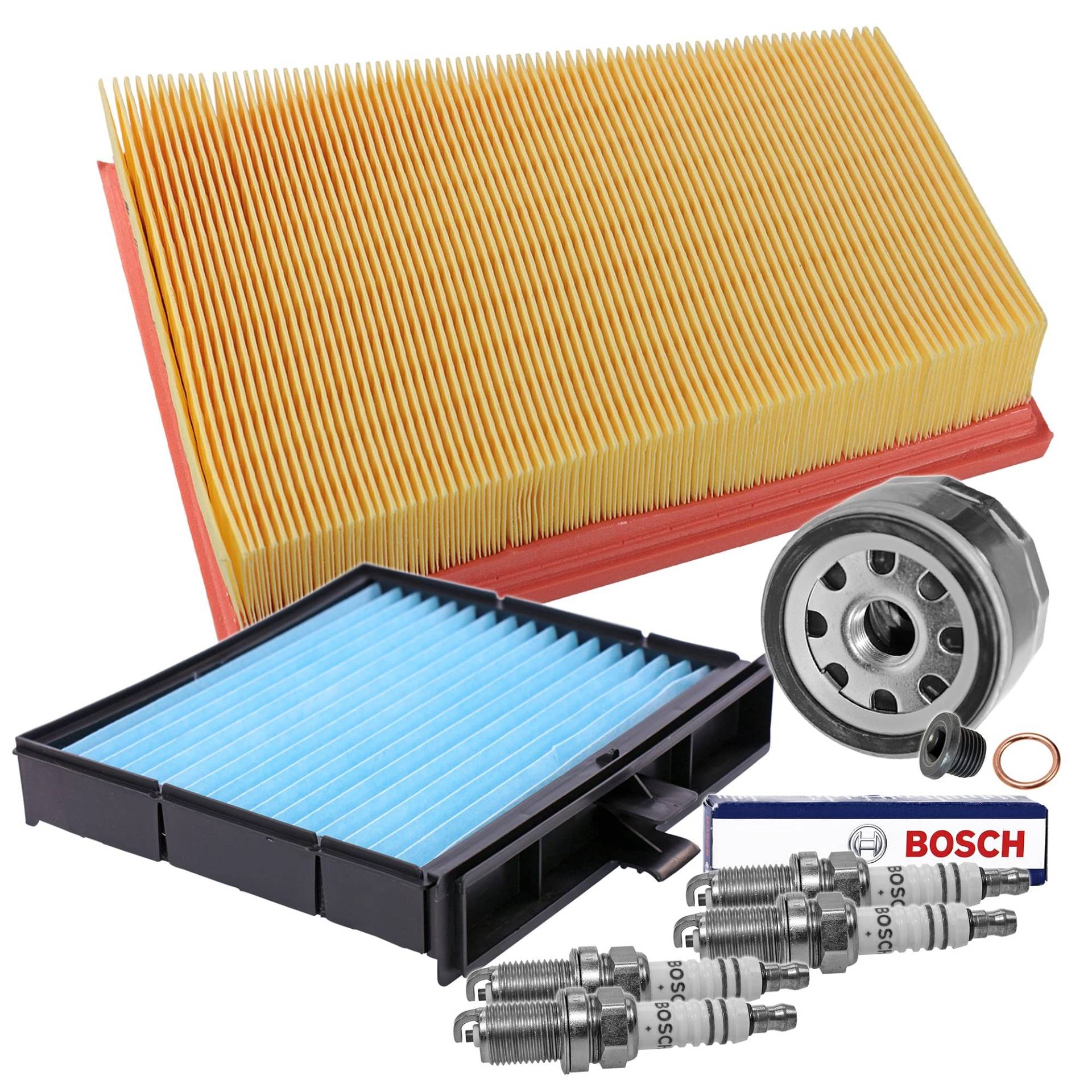 Inspektionspaket SET C 1x Ölfilter 1x Luftfilter 1x Innenraumfilter 4x Zündkerze BOSCH Super Plus FR7DC+ 1x Ölablass-Schraube 1x Dichtring für Ölablass-Schraube Inspektionspaket SET C 1x Ölfilter 1x Luftfilter 1x Innenraumfilter 4x Zündkerze BOSCH Super Plus FR7DC+ 1x Ölablass-Schraube 1x Dichtring für Ölablass-Schraube von ENVA MADE FOR QUALITY