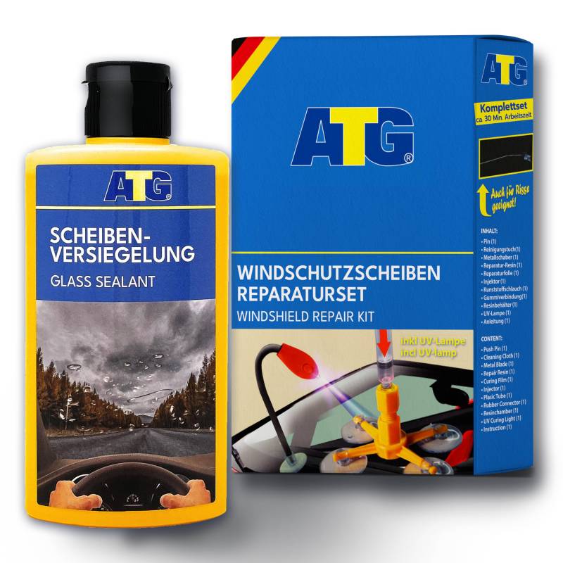 ATG® Scheibenreparatur Set mit UV-Lampe + Scheibenversiegelung 250ml – DIY Reparatur bei Steinschlag & Regen-Abperleffekt – Klarer Durchblick & Schutz für Windschutzscheiben von ATG