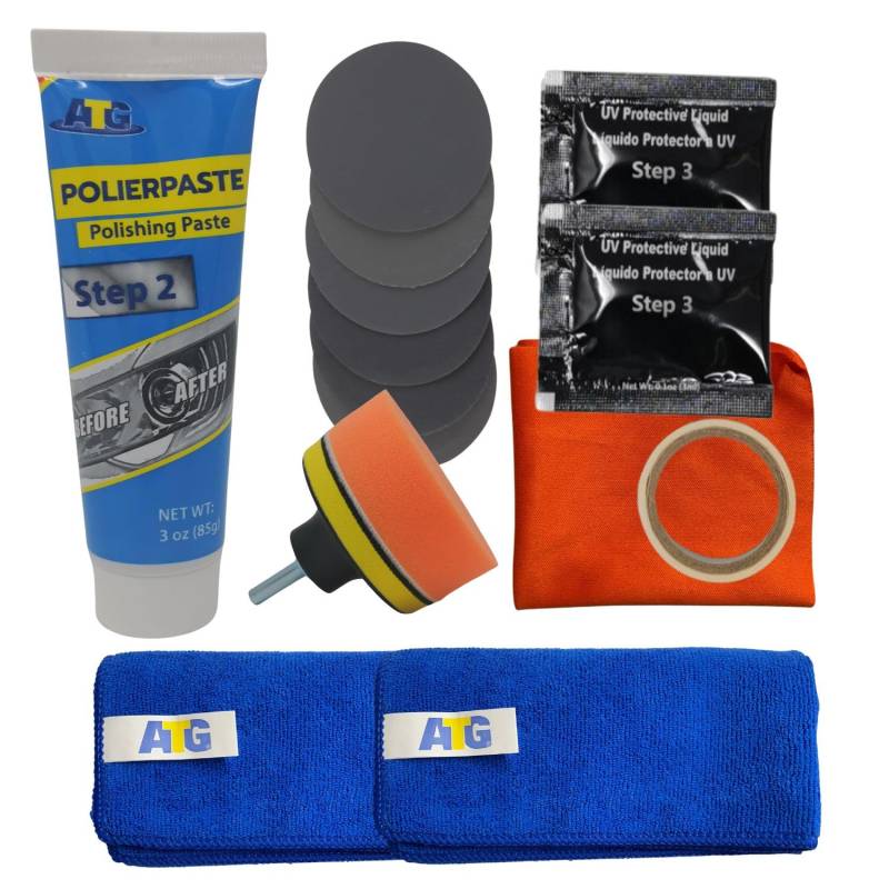 ATG Scheinwerfer Aufbereitung Set inkl. 2 x Mikrofasertuch, Polierset für Matte und Blinde Scheinwerfer aus Kunststoff, Scheinwerfer Fresh, Plexiglas Politur, Headlight Restoration kit von ATG