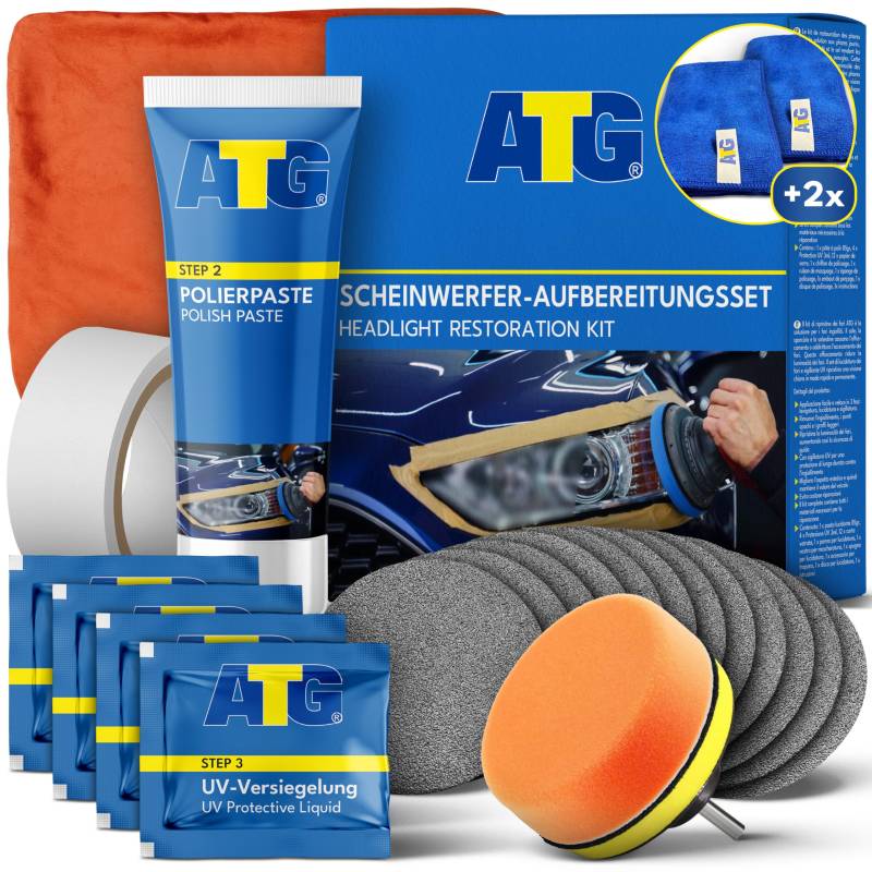 ATG Scheinwerfer Aufbereitung Set inkl. 2 x Mikrofasertuch, Polierset für Matte und Blinde Scheinwerfer aus Kunststoff, Scheinwerfer Fresh, Plexiglas Politur, Headlight Restoration kit von ATG