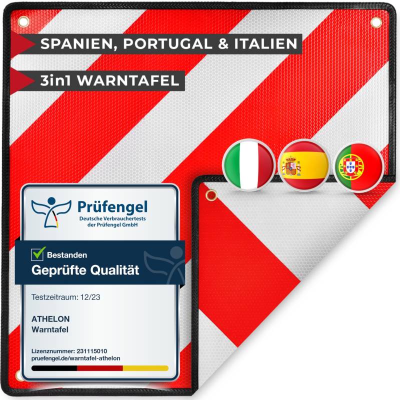 ATHELON® 3in1 Warntafel für Italien, Spanien & Portugal - Hochwertige Warntafel Italien für Fahrradträger & Wohnmobil - Reflektierendes Warnschild (Nur Warntafel) von ATHELON