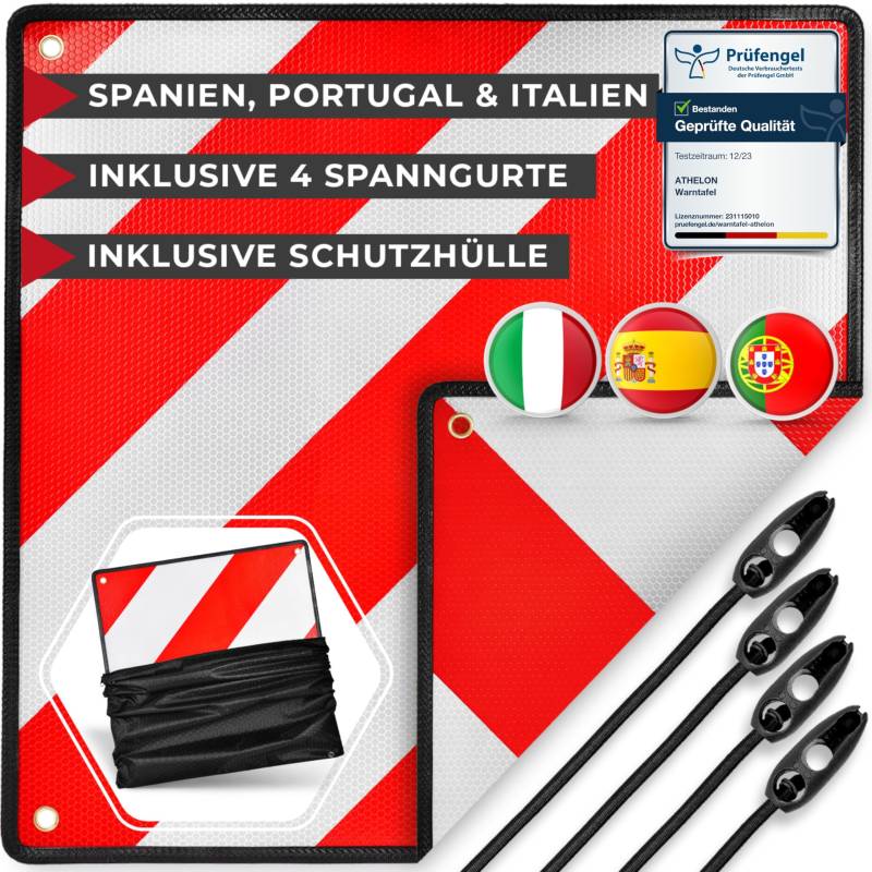 ATHELON® 3in1 Warntafel für Italien, Spanien & Portugal - Reflektierendes Warnschild inklusive 4X Spanngurte & Schutzhülle - Hochwertige Warntafel Italien für Fahrradträger & Wohnmobil von ATHELON