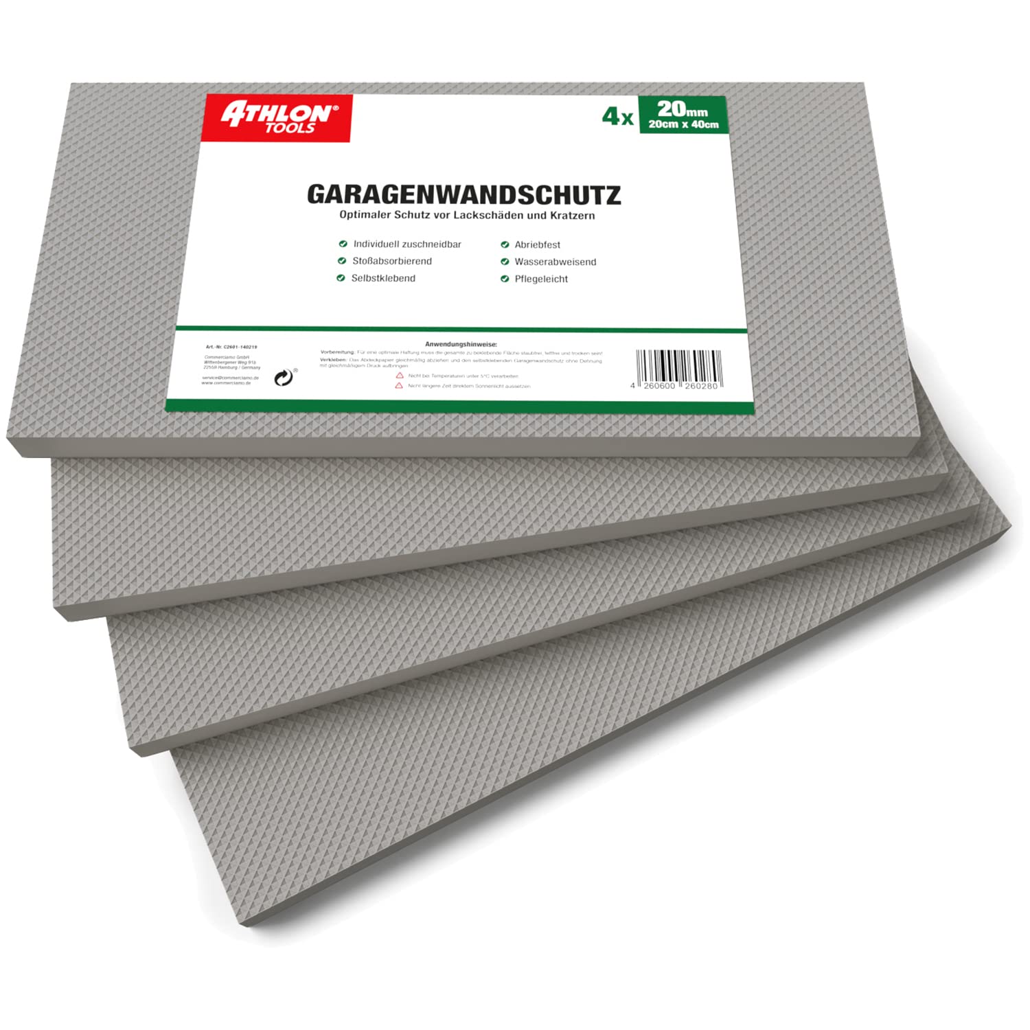 ATHLON TOOLS 4x MaxProtect Premium Garagen-Wandschutz selbstklebend - je 40 x 20 x 2,0 cm - Rammschutz Prallschutz Garagenpolster Türkantenschutz (Grau) von ATHLON TOOLS