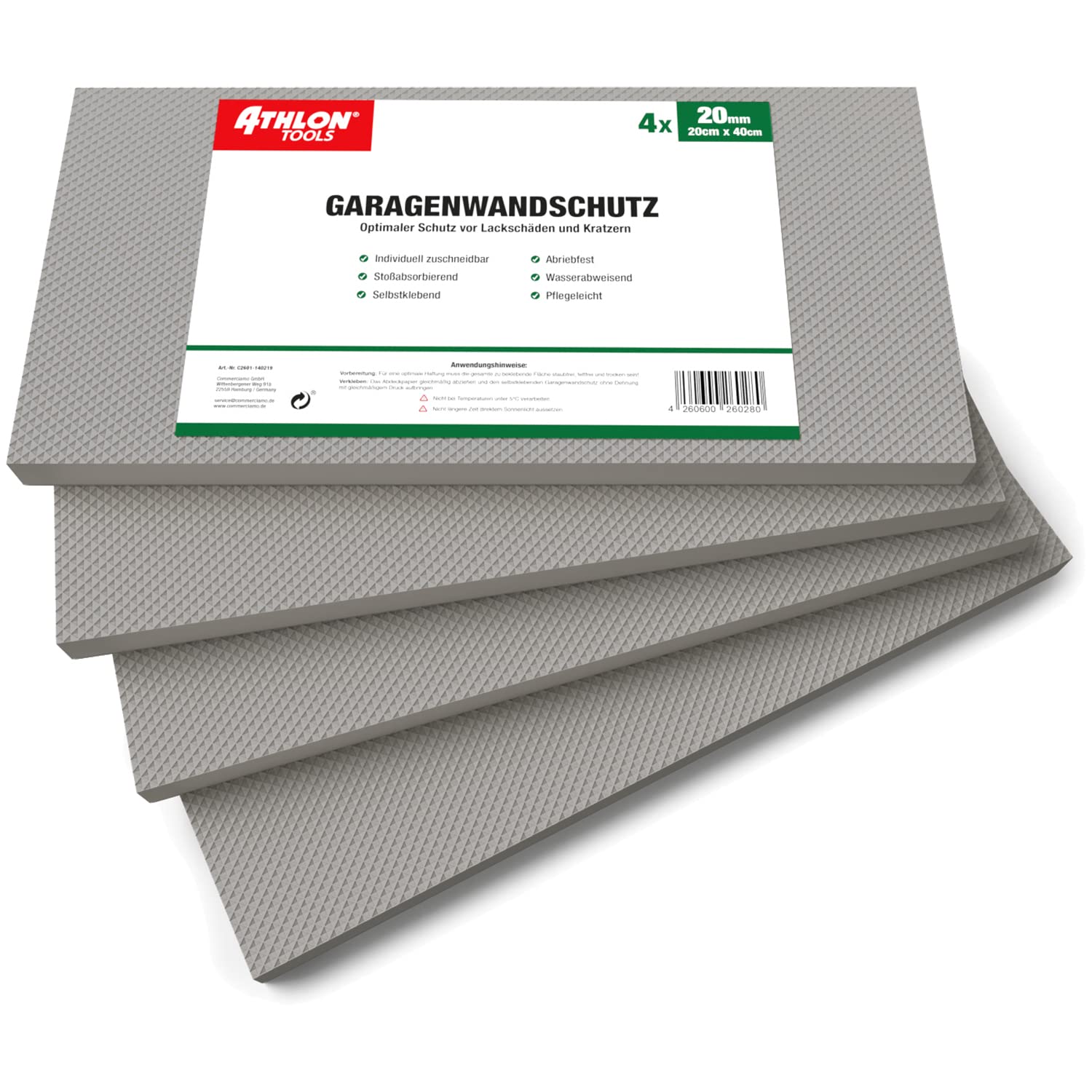 ATHLON TOOLS 4X MaxProtect Premium Garagen-Wandschutz selbstklebend - je 40 x 20 x 2,0 cm - Rammschutz Prallschutz Garagenpolster Türkantenschutz (Grau) von ATHLON TOOLS