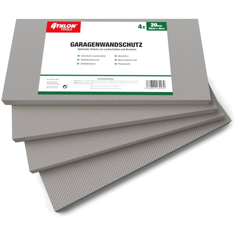 ATHLON TOOLS 4x MaxProtect Premium Garagen-Wandschutz selbstklebend - je 40 x 20 x 2,0 cm - Rammschutz Prallschutz Garagenpolster Türkantenschutz (Grau) von ATHLON TOOLS
