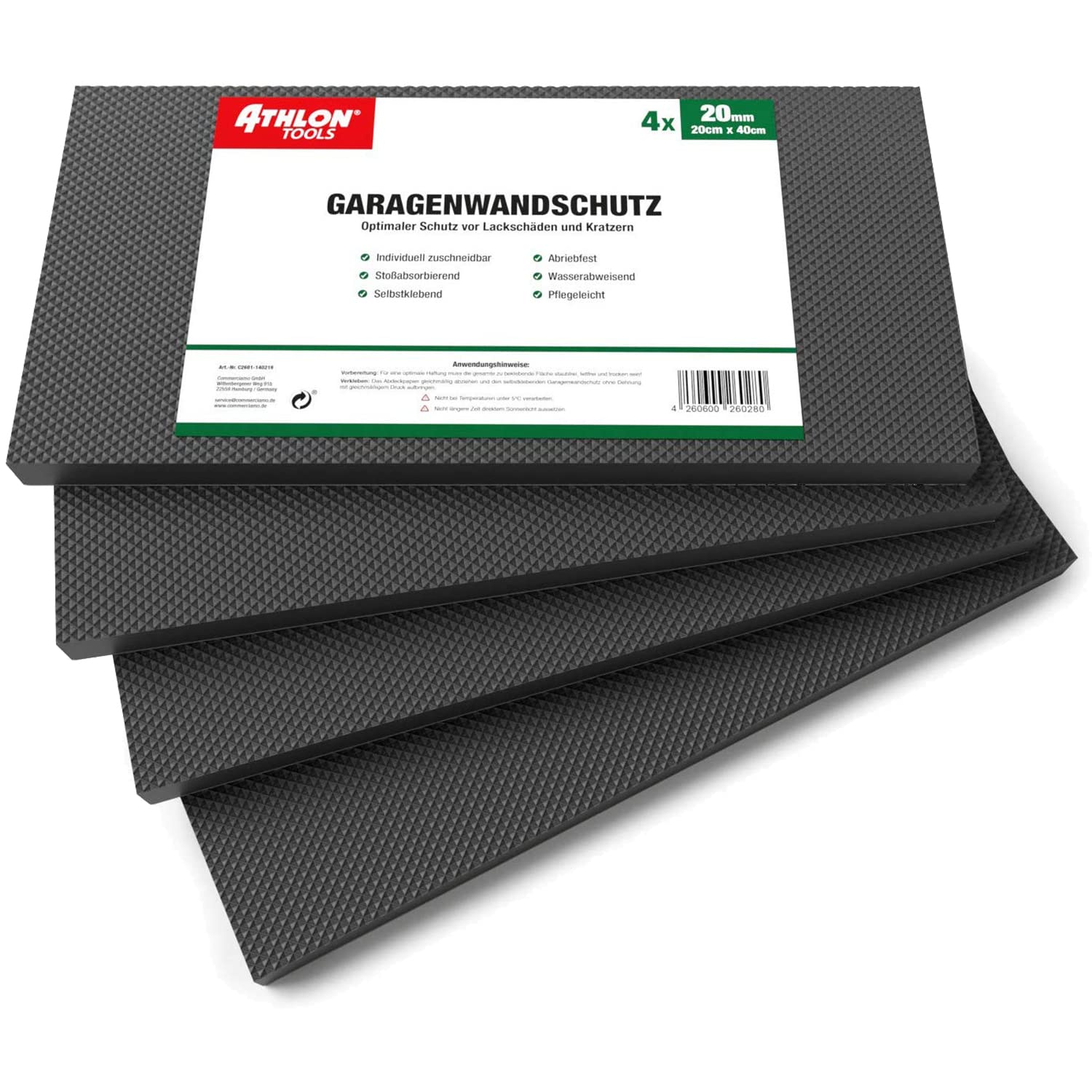 ATHLON TOOLS 4X MaxProtect Premium Garagen-Wandschutz selbstklebend - je 40 x 20 x 2,0 cm - Rammschutz Prallschutz Garagenpolster Türkantenschutz (Schwarz) von ATHLON TOOLS