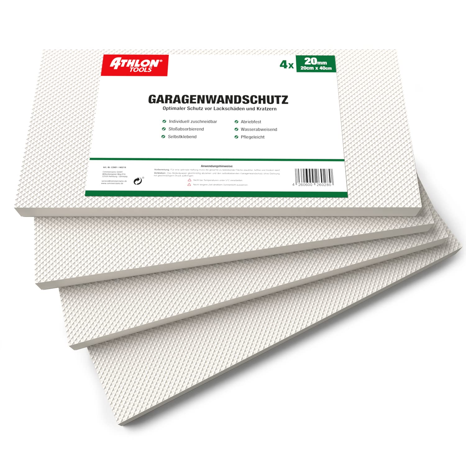 ATHLON TOOLS 4X MaxProtect Premium Garagen-Wandschutz selbstklebend - je 40 x 20 x 2,0 cm - Rammschutz Prallschutz Garagenpolster Türkantenschutz (Weiß) von ATHLON TOOLS