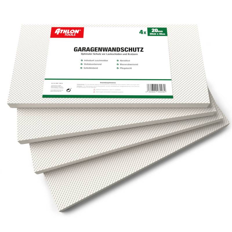 ATHLON TOOLS 4X MaxProtect Premium Garagen-Wandschutz selbstklebend - je 40 x 20 x 2,0 cm - Rammschutz Prallschutz Garagenpolster Türkantenschutz (Weiß) von ATHLON TOOLS