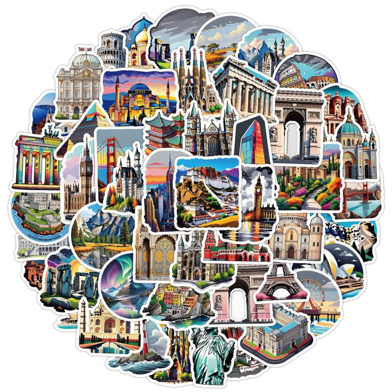 50 Stück Weltweite Kennzeichen Aufkleber Pack World Landmark Sticker Set wasserdichte Vinyl Sticker für Laptop Kinder Autos Motorrad Fahrrad Skateboard Gepäck Koffer Computer Aufkleber Graffiti Decal von AUCEKO