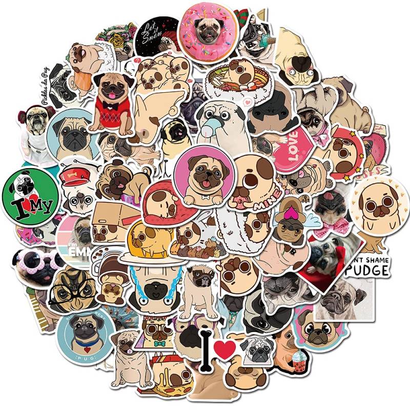 AUCEKO 100 Stück Mops Aufkleber Pack Pug (Dog) Sticker Set wasserdichte Vinyl Sticker für Laptop Kinder Autos Motorrad Fahrrad Skateboard Gepäck Koffer Computer Aufkleber Graffiti Decal von AUCEKO