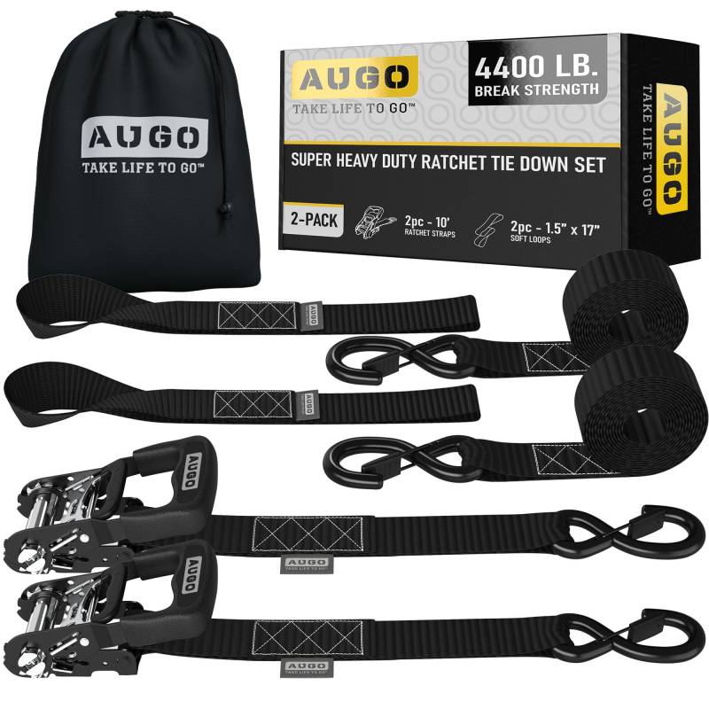 AUGO Heavy Duty Ratschen Zurrgurte und schlaufen - Satz von 2-2,5 x 4,5 m große Gurte mit S - Haken - Sicherheitsverschlüssen und 2 weichen Schnallenverschlüssen - 770 kg Tragkraft von AUGO