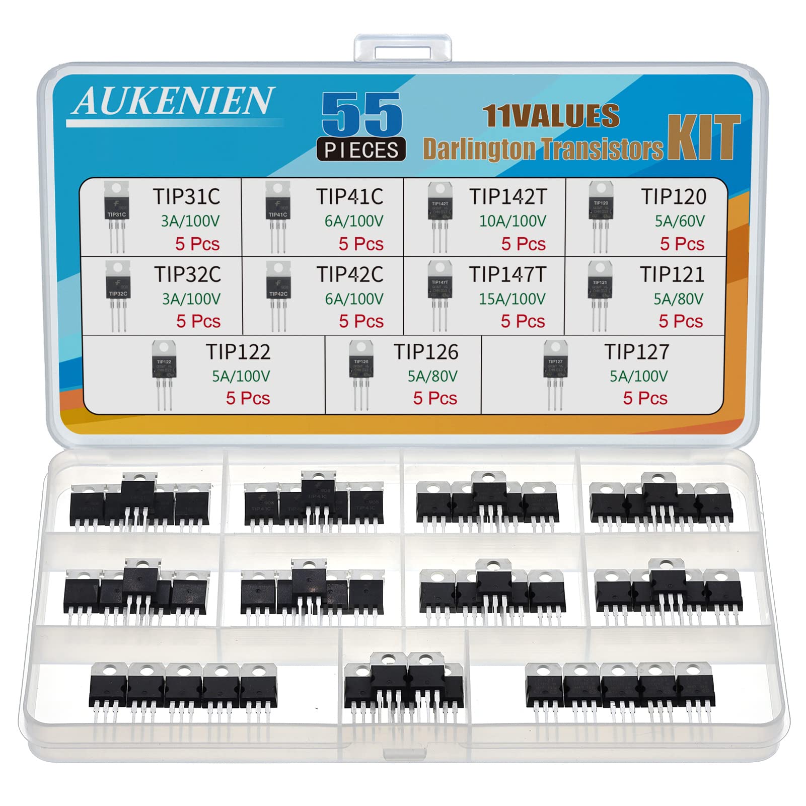 AUKENIEN 11 Werte TIP Transistor Silizium Leistungstransistor TIP31C TIP32C TIP41C TIP42C TIP142T TIP147T TIP120 TIP121 TIP122 TIP126 TIP127 Darlington Transistoren Sortiment Set AUKENIEN 11 Werte TIP Transistor Silizium Leistungstransistor TIP31C TIP32C TIP41C TIP42C TIP142T TIP147T TIP120 TIP121 TIP122 TIP126 TIP127 Darlington Transistoren Sortiment Set von AUKENIEN