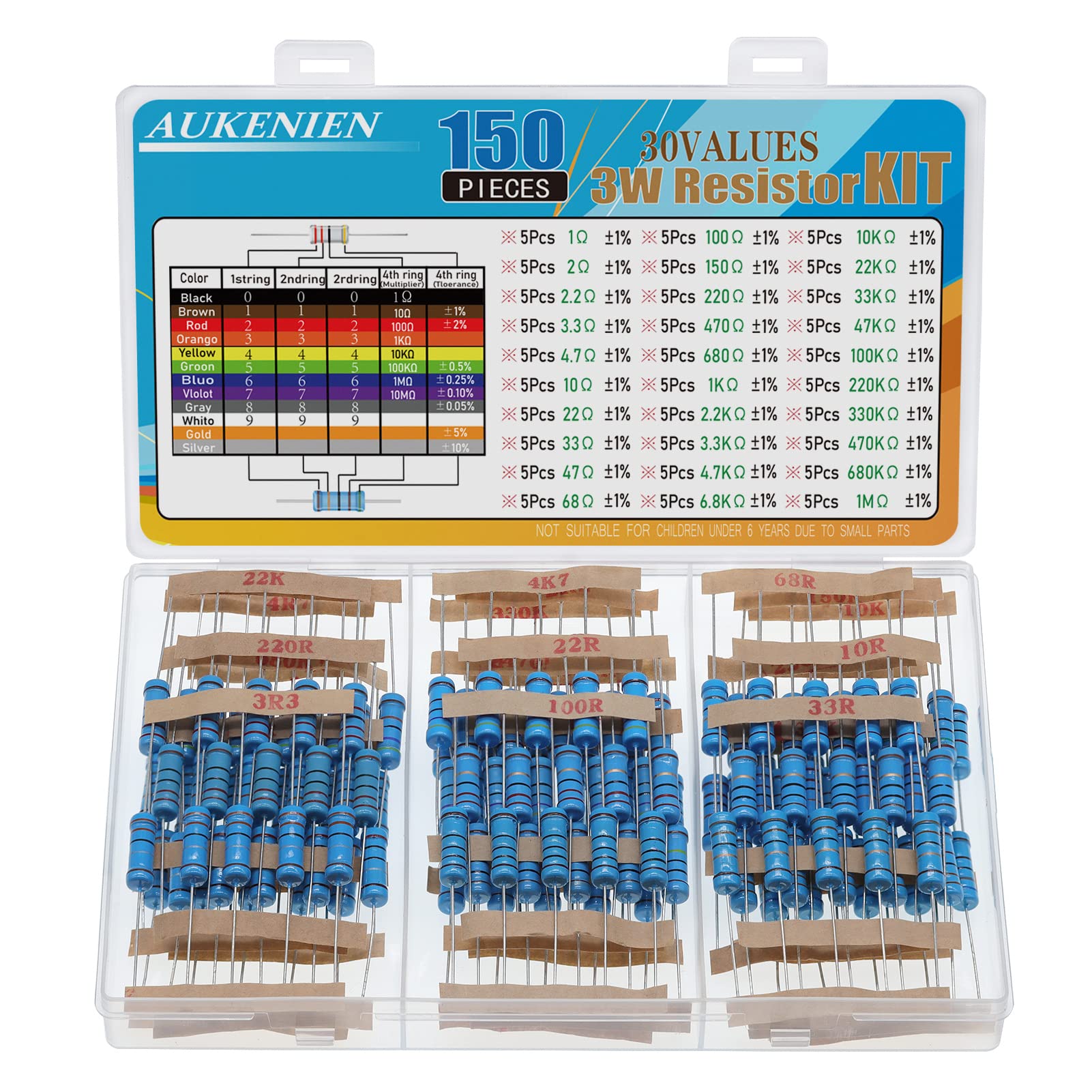 AUKENIEN 3W Widerstand Sortiment Kit 30 Werte 150 Stück Metallfilm Widerstände 1 bis 1M Ohm Resistor Set RoHS Konform mit ±1% Toleran AUKENIEN 3W Widerstand Sortiment Kit 30 Werte 150 Stück Metallfilm Widerstände 1 bis 1M Ohm Resistor Set RoHS Konform mit ±1% Toleran von AUKENIEN