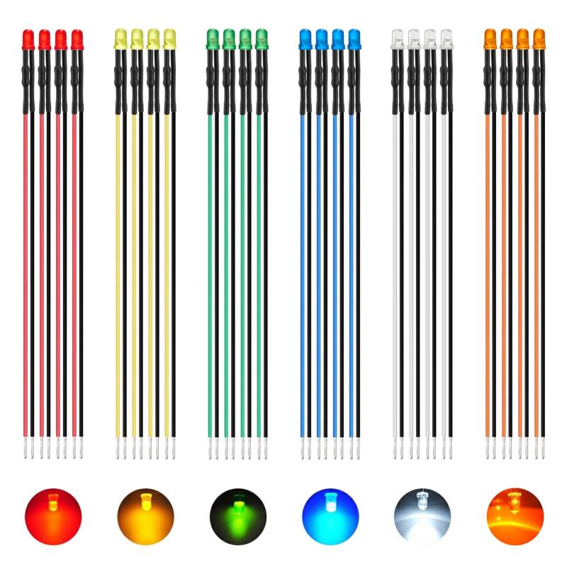 AUKENIEN 60 Stück 3MM 12V Vorverdrahtete LED Leuchtdioden Sortiment Kit 12 Volt Rundkopf Diffus LED Dioden Diodes Licht Leuchtdiode Set 6 Farben Weiß Rot Gelb Grün Blau Orange (10 Stück Jede Farbe) von AUKENIEN