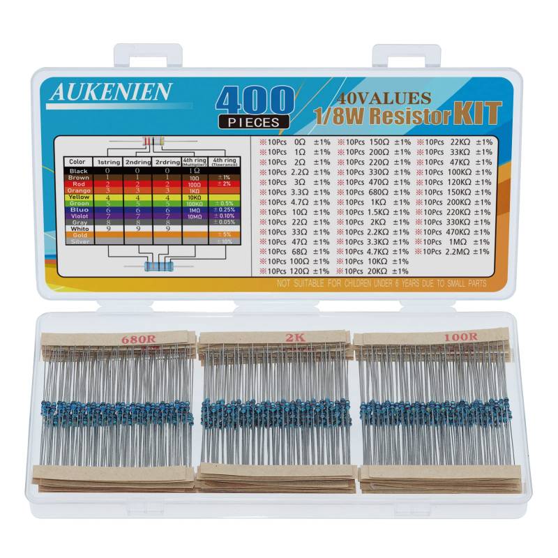 AUKENIEN Widerstand Sortiment Set 40 Werte 400 Stück 1/8W Metallfilm Widerstände 0 bis 2,2M Ohm Wiederstand Elektronik Resistor Kit RoHS Konform mit ± 1% Toleranz von AUKENIEN