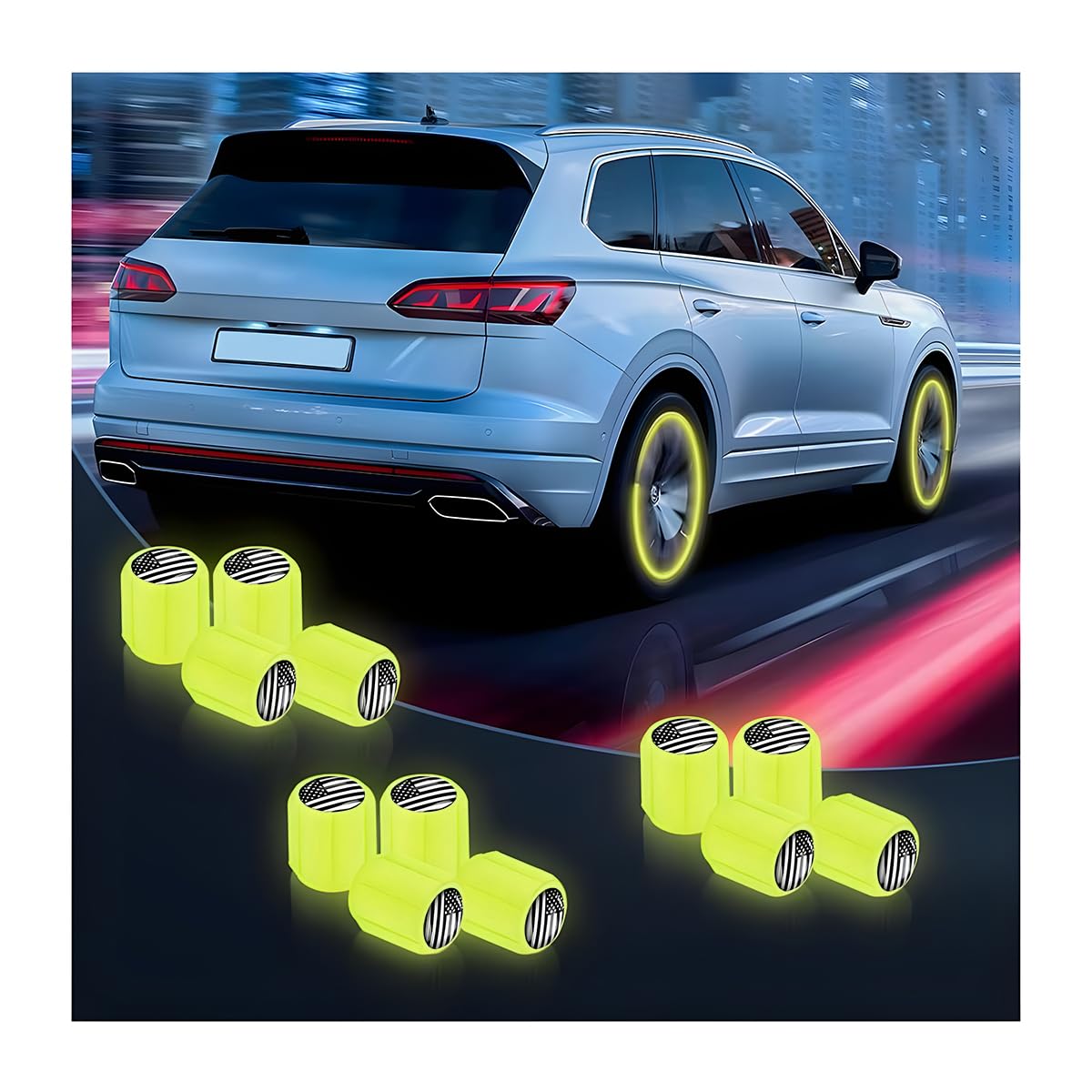 AUKEPO Leuchtende Ventilkappen für Autoreifen, amerikanische Flagge, universal, staubdicht, korrosionsbeständig, Autozubehör, passend für Motorräder, SUV, LKW, Fahrräder, 12 Stück (gelb) von AUKEPO