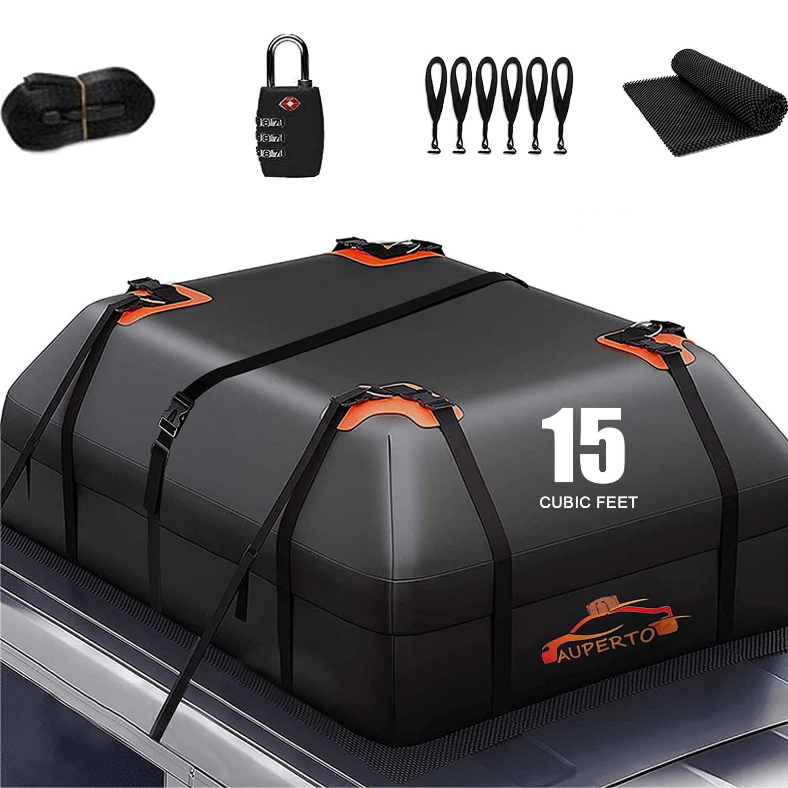 AUPERTO Reißfeste Dachbox Auto,425 Liter Wasserdicht Dachtasche Auto mit/ohne Reling, passend für alle Fahrzeuge mit/ohne Gepäckträger, inklusive Antirutschmatte + 10 Verstärkungsgurte + 6 Türhaken von AUPERTO