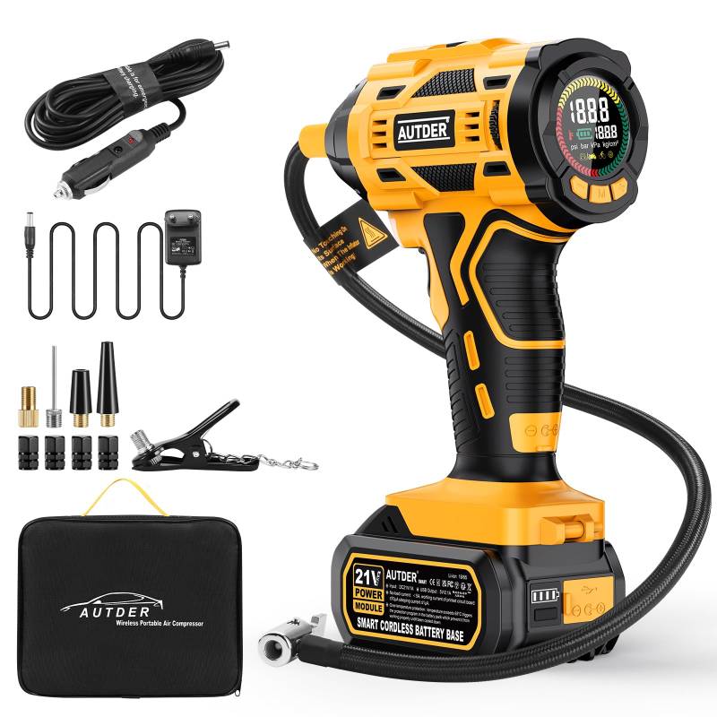 AUTDER Akku Luftkompressor 180 PSI – Tragbare Reifenpumpe mit 21V wiederaufladbarem Akku & 12V DC Auto-Adapter, Digitaler Luftkompressor für Auto, Motorrad, Fahrrad & Sportbälle – Gelb von AUTDER