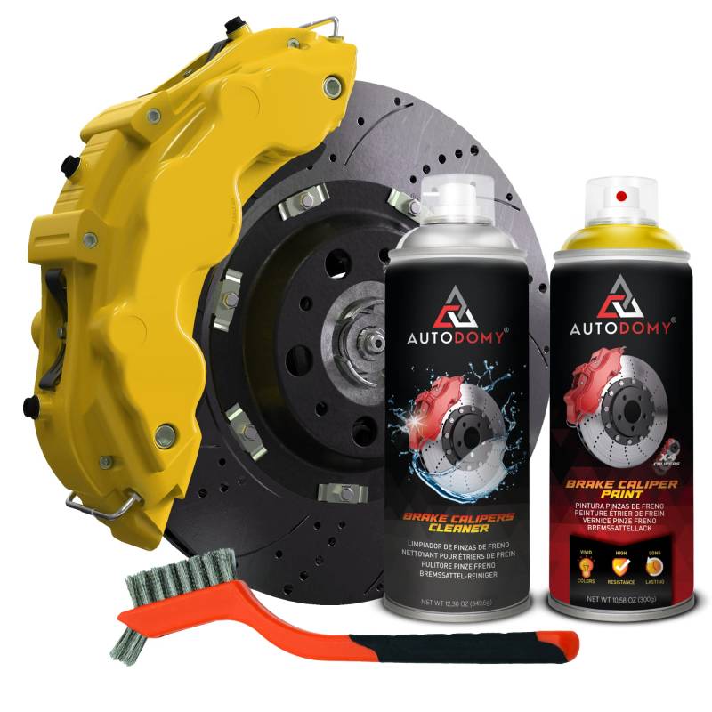 AUTODOMY Bremssattellack Set Spray Sprühfolie für Bremssattel mit hoher Temperaturbeständigkeit + Bremsreiniger + Stahlbürste für Caliper von Auto und Motorrad (Gelb) von AUTODOMY