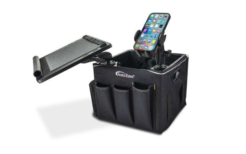 AutoExec AE-CRATE-23 Milchkisten-Fahrzeug und mobile Büroarbeitsstation mit Schürzen-Organizer, Laptop-Tablett, 400-Watt-Wechselrichter und Handyhalterung von AUTOEXEC