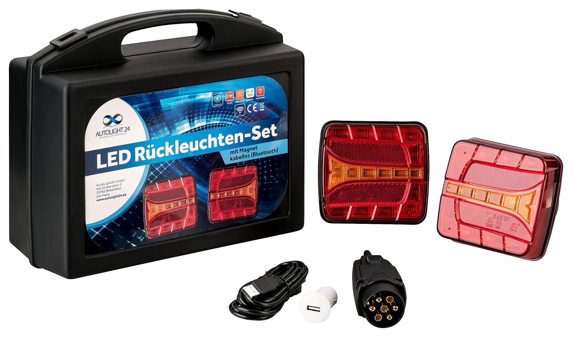 AUTOLIGHT 24 LED Rückleuchten Set mit Magnet kabellos Bluetooth 4 Funktionen mit E4 Prüfzeichen IP65 für Anhänger, Traktor, Bagger, Rücklicht 12 Volt 7-Pin Stecker von AUTOLIGHT 24