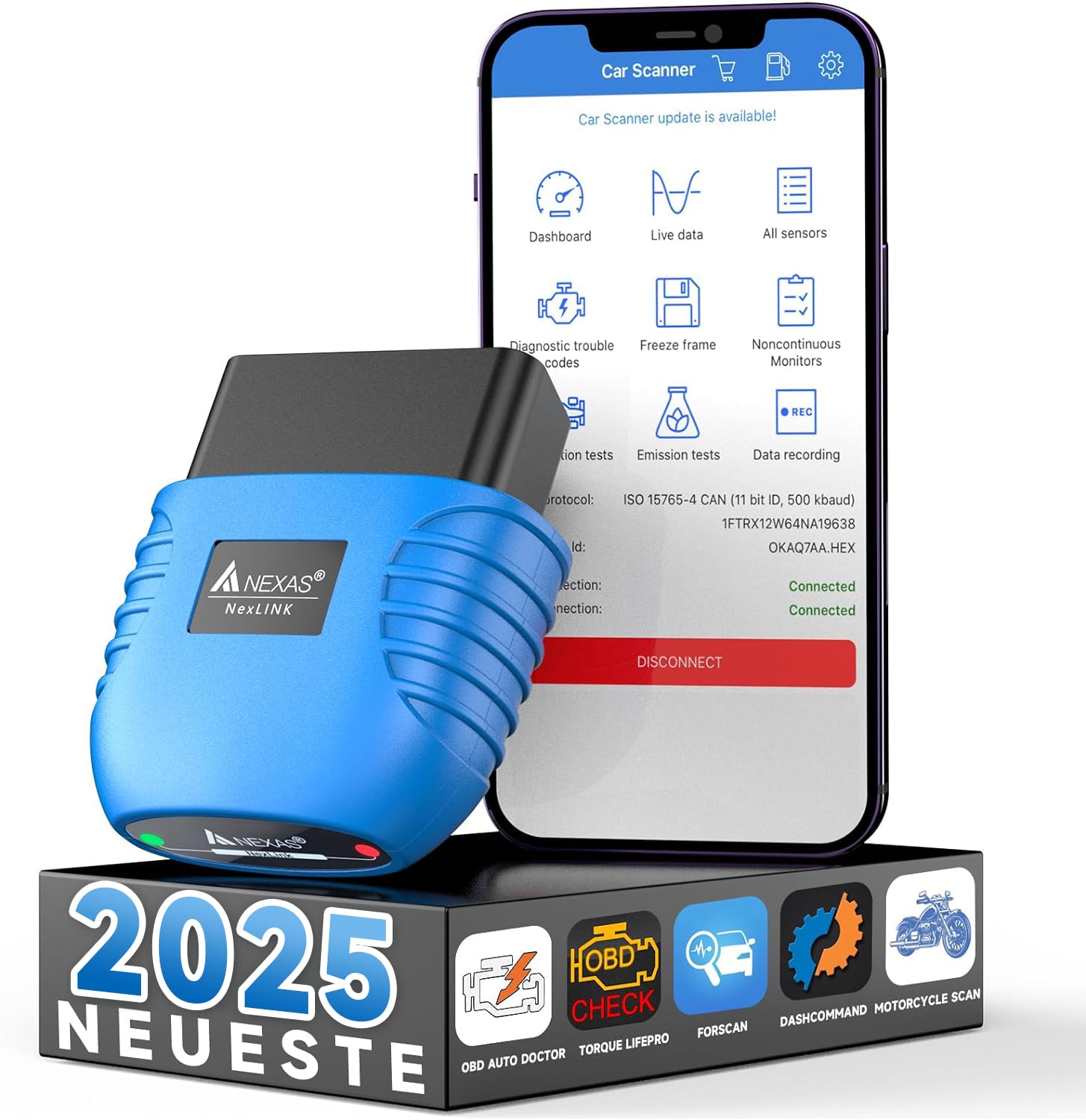 AUTOPHIX Nexlink OBD2 Bluetooth 5.0 Diagnosegerät Auto für Autos und Motorräder, OBD2 Bluetooth Adapter Prüfung Motorlicht Smog Prüfung OBD2 Diagnosegerät Bluetooth für iOS und Android von AUTOPHIX