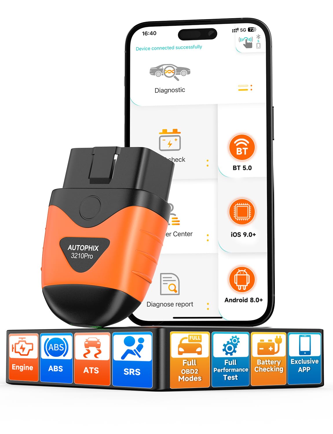AUTOPHIX OBD2 Bluetooth Adapter, 3210 PRO Auto Diagnosegerät Check Motor ABS SRS Getriebe Drahtlose Auto Auslesegerät Fehlercode Lesegerät mit Batterie Test Exklusive APP für iPhone, iPad und Android von AUTOPHIX