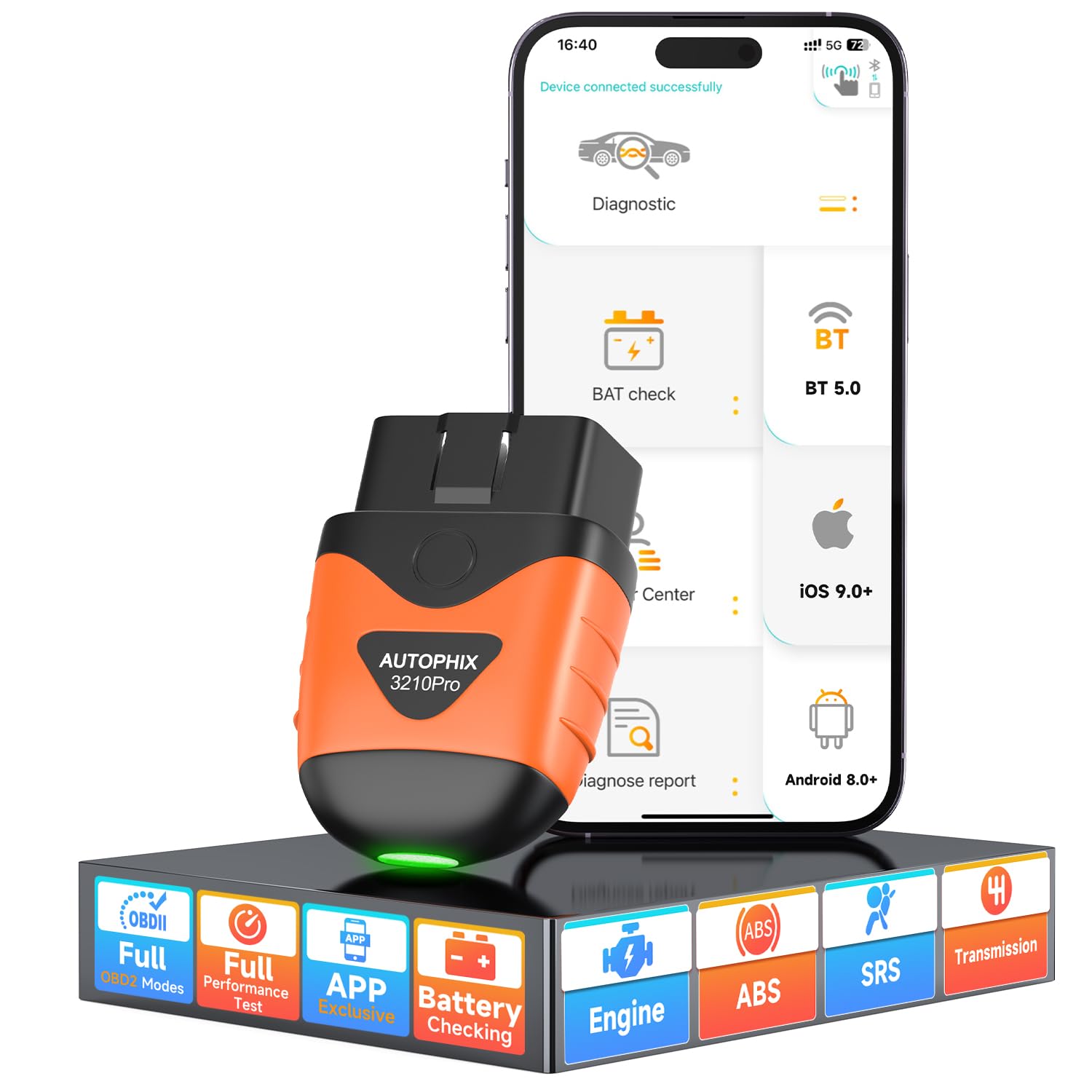 AUTOPHIX OBD2 Bluetooth Adapter, 3210 PRO Auto Diagnosegerät Check Motor ABS SRS Getriebe Drahtlose Auto Auslesegerät Fehlercode Lesegerät mit Batterie Test Exklusive APP für iPhone, iPad und Android von AUTOPHIX