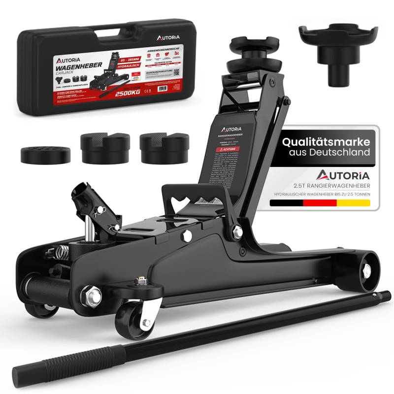 AUTORIA Wagenheber 2.5T hydraulisch flach – Rangierwagenheber mit Tragekoffer & Zubehör 85–385 mm Hubhöhe – inkl. 3 Gummiauflagen – Autoheber für PKW Motorrad UVM. von AUTORIA