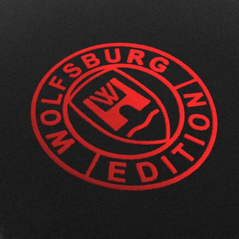 Eight-TEC Nadelfilz Schwarze Fußmatten passend für VW Golf 2 mit Logo Wolfsburg Edition WOB und Rand in rot von AUTOTEPPICH Stylers Wir fertigen Ihre Fußmatten