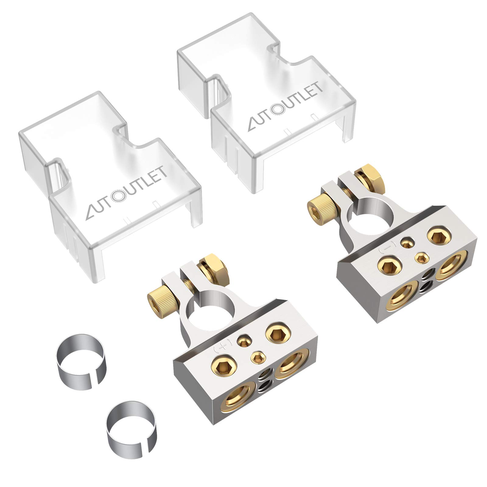 AUTOUTLET 2PCS Batterie Klemme Batterieklemme, 0/4/8/10 AWG Autobatterie Klemmen, Positiv und Negativ Battery Terminal Anschlussstecker, mit Unterlegscheiben und Abdeckung, Silber AUTOUTLET 2PCS Batterie Klemme Batterieklemme, 0/4/8/10 AWG Autobatterie Klemmen, Positiv und Negativ Battery Terminal Anschlussstecker, mit Unterlegscheiben und Abdeckung, Silber von AUTOUTLET