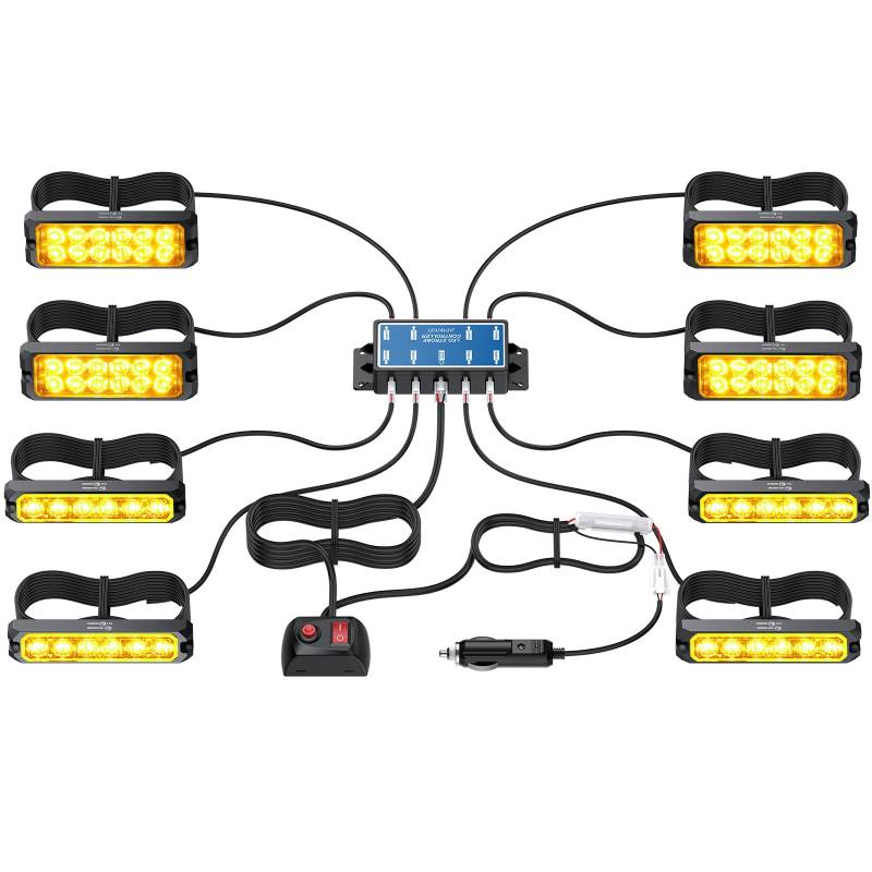 AUTOUTLET 8x 6LED & 12LED Warnlicht Frontblitzer, 12V/24V Blinklicht Stroboskoplicht Warnleuchte 14 Modi & 4,5M Kabel, IP67 Wasserdicht Blinklichter Warnung Beacon Blitzmodul für LKW, Truck, Emergency von AUTOUTLET