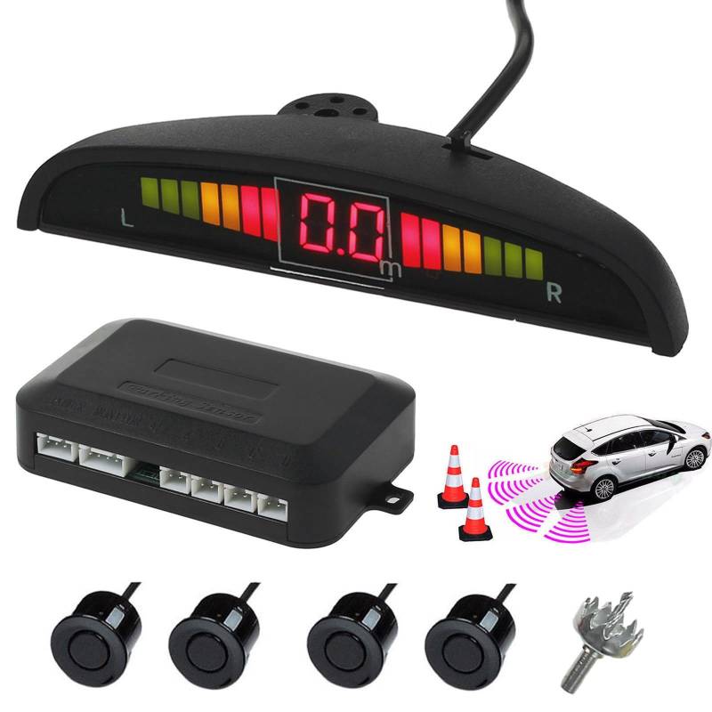 AUTOUTLET Einparkhilfe Parksensoren PDC Rückfahrwarner 4 Sensoren Universal Auto Rückwärtsparkhilfe Rückwärtsgang Audio Buzzer Alarm Kit LCD Display DC 12 V(schwarz) von AUTOUTLET