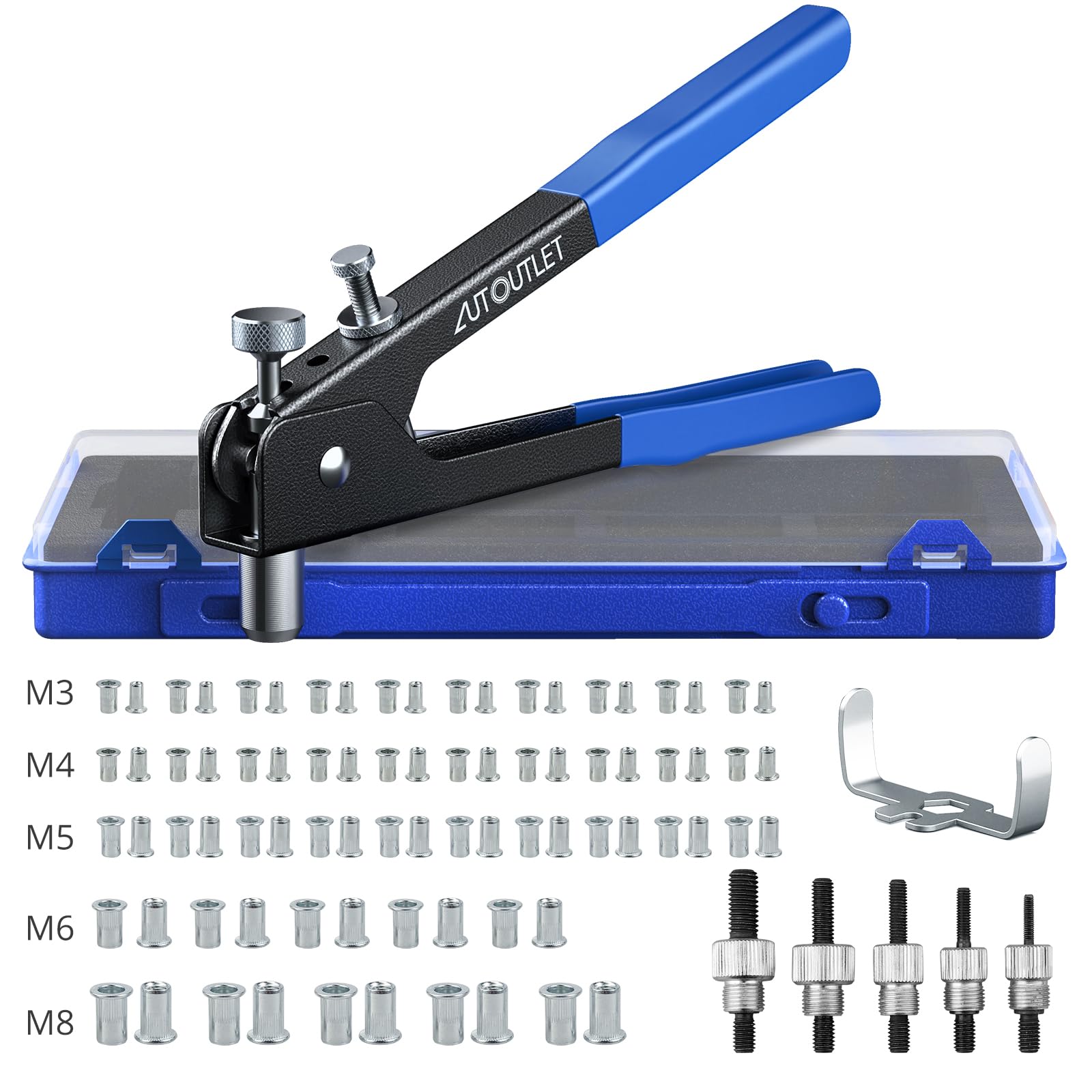 AUTOUTLET Nietzange Set, 86 Stück Nietmutternzange Set Gewindeeinsatz Nietpistolen Werkzeug, mit M3 M4 M5 M6 M8 Dorne und 80PCS Nietmuttern, 10" Nietzange Gewinde Blindnietzange vernieten Kit-Blau AUTOUTLET Nietzange Set, 86 Stück Nietmutternzange Set Gewindeeinsatz Nietpistolen Werkzeug, mit M3 M4 M5 M6 M8 Dorne und 80PCS Nietmuttern, 10" Nietzange Gewinde Blindnietzange vernieten Kit-Blau von AUTOUTLET