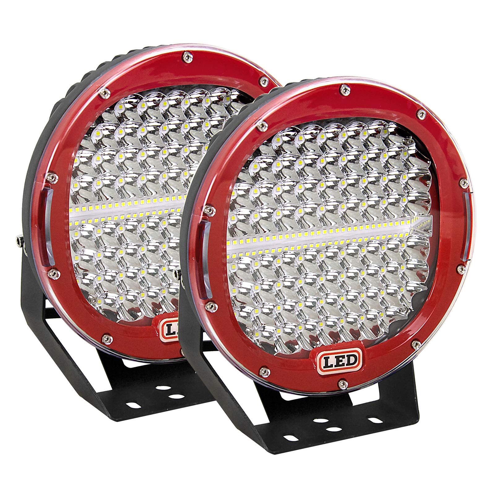 AUXTINGS 2 Stück 22,9 cm 294W LED Pods Lichtleiste Rot Rund 24000 lm Wasserdicht Spot Beam LED Arbeitslicht Offroad Lichter Fahrlicht Kompatibel mit LKW SUV Traktor Boot von AUXTINGS