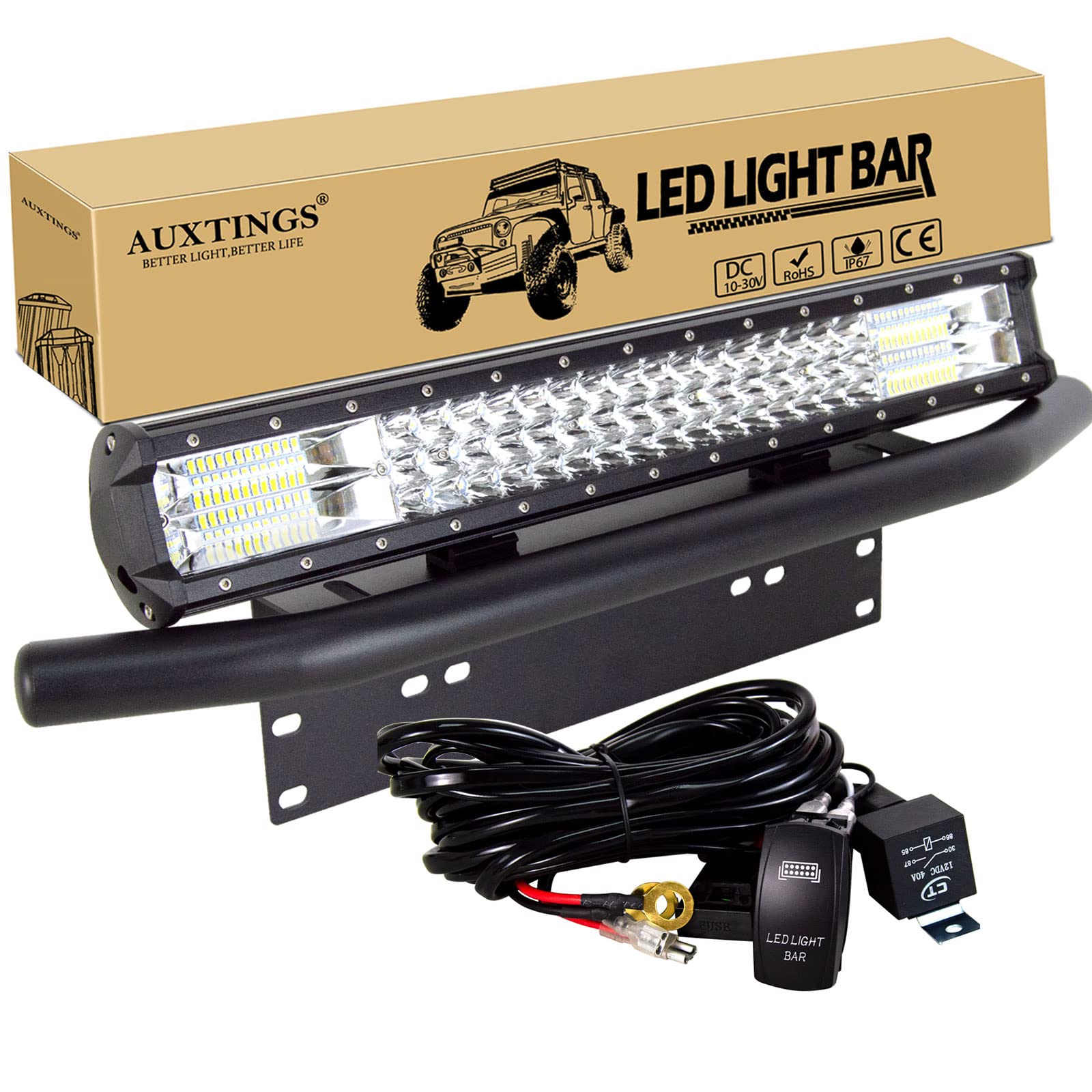 AUXTINGS 20 Zoll 288W Dreifache Zeile 7D LED Arbeitslicht Bar Spot Flood Combo mit Kabelbaum Kit + Kennzeichen Montagehalterung für LKW Auto ATV SUV 4x4 JP Truck Boat, 12V 24V wasserdicht von AUXTINGS