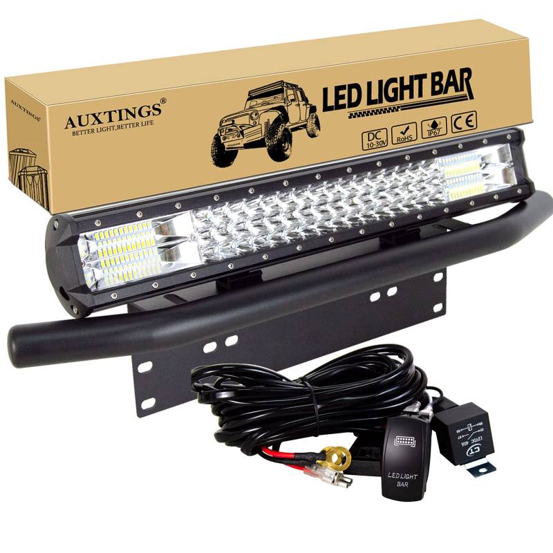 AUXTINGS 20 Zoll 50 cm 288W LED Arbeitslicht Bar,Dreireihig 7D Spot-Flutlichtstrahl mit Kabelbaum Kit, Kennzeichen Montagehalterung für LKW Auto ATV SUV 4x4 JP Truck, 12V 24V wasserdicht von AUXTINGS