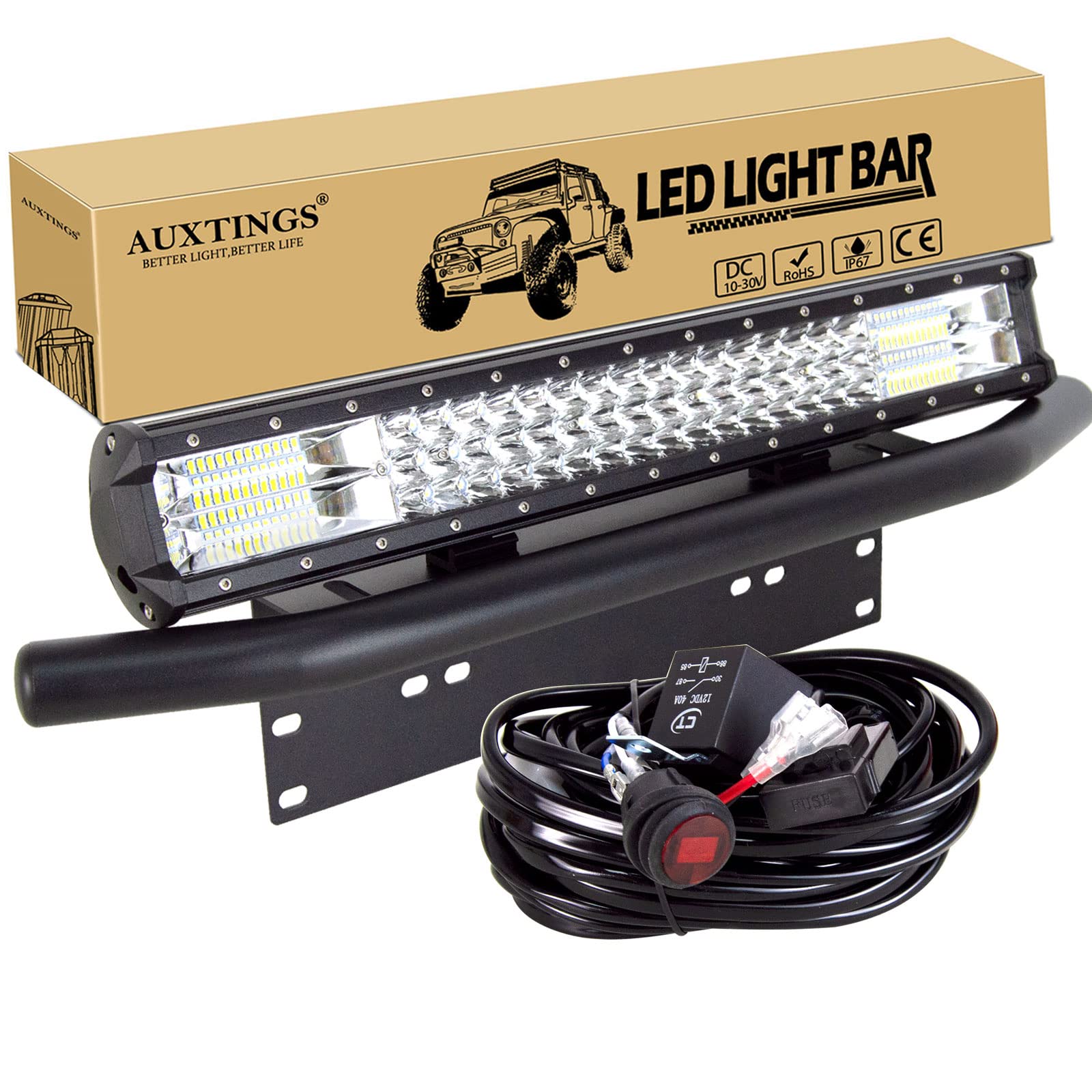 AUXTINGS 50 cm 20 Zoll 288W Dreifachreihe LED Arbeitslicht Bar Spot Flood Combo mit Kabelbaum Kit + Kennzeichen Montagehalterung für LKW Auto ATV SUV 4x4 JP Truck Boat, 12V 24V wasserdicht von AUXTINGS